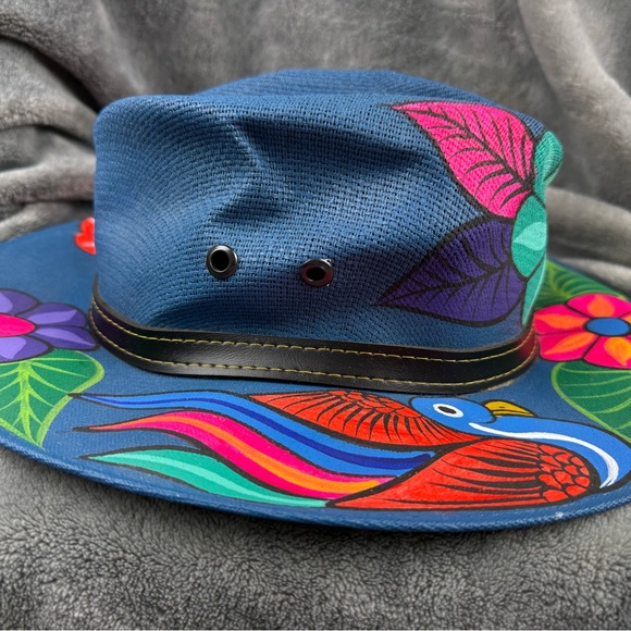 Tonpsom Hand Painted Boho Wide Brim Hat Blue Floral Bird Festival Artwear - Picture 3 of 9